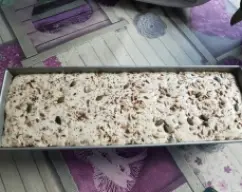Step <p>Engrase un molde rectangular con aceite, terminado el tiempo de amasado añadir la masa al bol, poner unas semillas por arriba y deje reposar hasta que doble su volumen entre 45-60min.Mientras tanto calentar el horno a 200°C</p> illustration